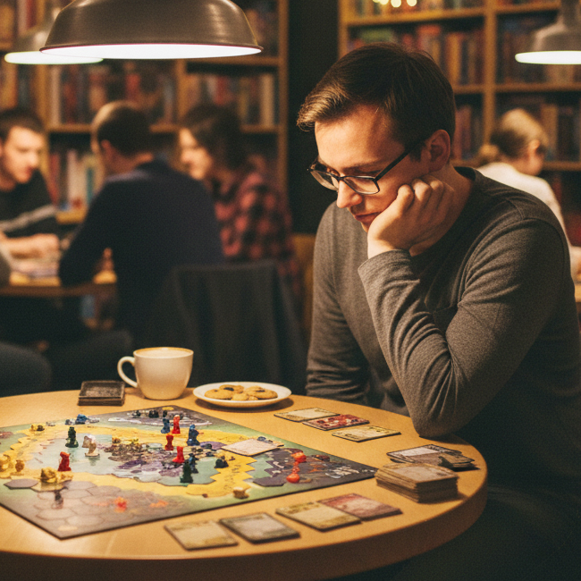 青年が一人でボードゲームを興じている画像